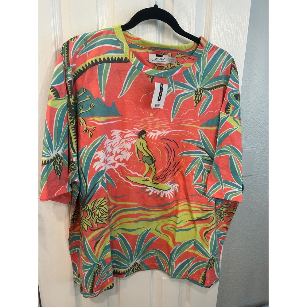 Topman T-Shirt Pink Tropical Surfer Graphic Print Summer Beach Tee XL